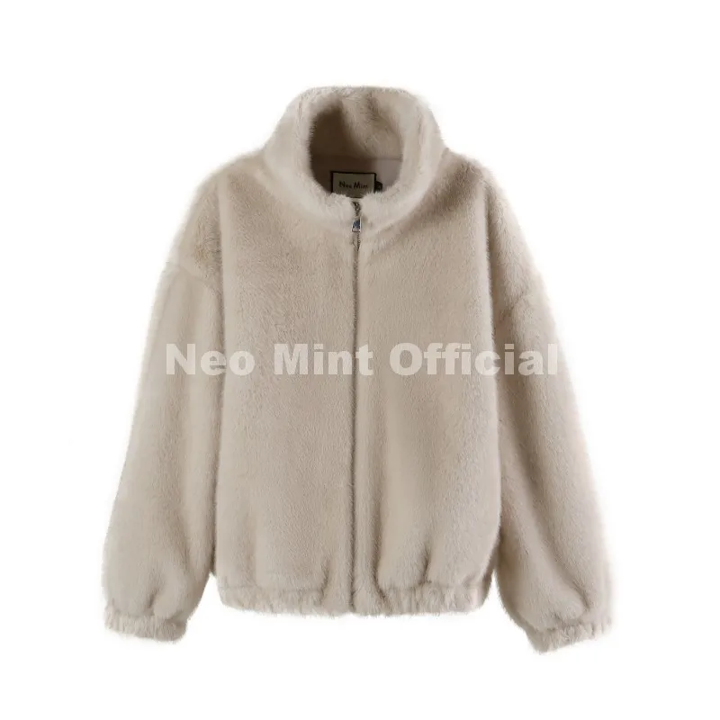 Neo Mint Hot Street Fashion Girls Luxury Fuzzy Mink Fur Bomber Jacket Women Winter Oversized Chunky Faux Fur Coat Warm Outerwear