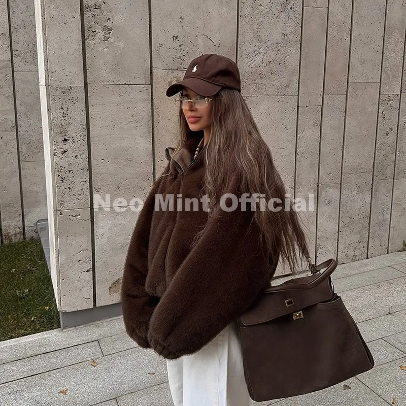 Neo Mint Hot Street Fashion Girls Luxury Fuzzy Mink Fur Bomber Jacket Women Winter Oversized Chunky Faux Fur Coat Warm Outerwear