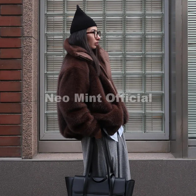 Neo Mint Hot Street Fashion Girls Luxury Fuzzy Mink Fur Bomber Jacket Women Winter Oversized Chunky Faux Fur Coat Warm Outerwear