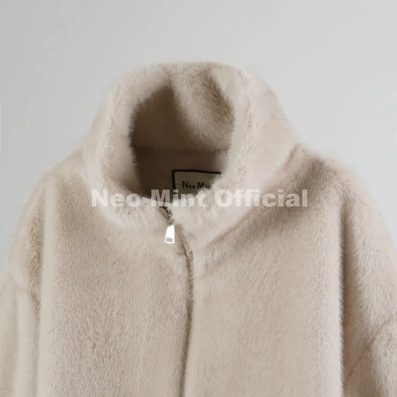 Neo Mint Hot Street Fashion Girls Luxury Fuzzy Mink Fur Bomber Jacket Women Winter Oversized Chunky Faux Fur Coat Warm Outerwear