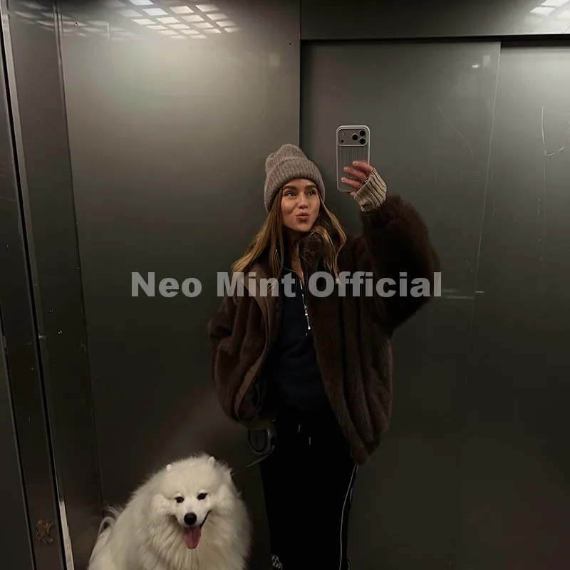 Neo Mint Hot Street Fashion Girls Luxury Fuzzy Mink Fur Bomber Jacket Women Winter Oversized Chunky Faux Fur Coat Warm Outerwear
