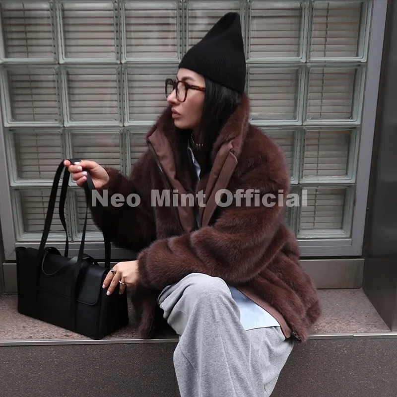 Neo Mint Hot Street Fashion Girls Luxury Fuzzy Mink Fur Bomber Jacket Women Winter Oversized Chunky Faux Fur Coat Warm Outerwear