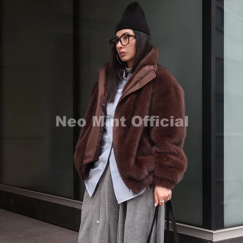 Neo Mint Hot Street Fashion Girls Luxury Fuzzy Mink Fur Bomber Jacket Women Winter Oversized Chunky Faux Fur Coat Warm Outerwear