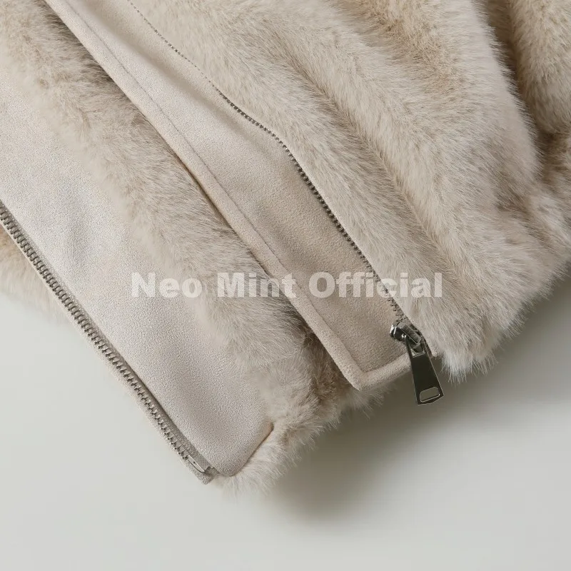 Neo Mint Hot Street Fashion Girls Luxury Fuzzy Mink Fur Bomber Jacket Women Winter Oversized Chunky Faux Fur Coat Warm Outerwear