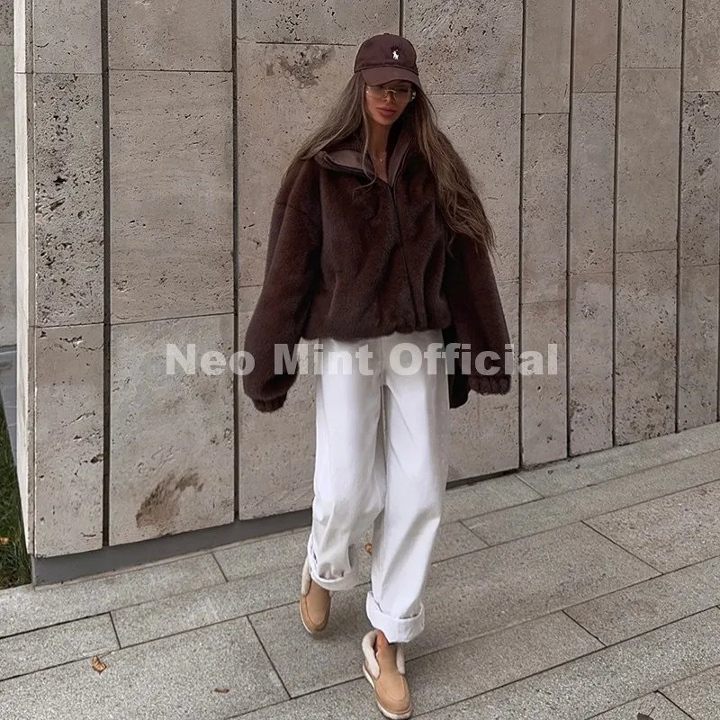 Neo Mint Hot Street Fashion Girls Luxury Fuzzy Mink Fur Bomber Jacket Women Winter Oversized Chunky Faux Fur Coat Warm Outerwear