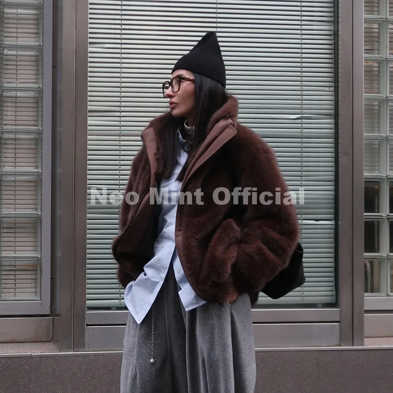 Neo Mint Hot Street Fashion Girls Luxury Fuzzy Mink Fur Bomber Jacket Women Winter Oversized Chunky Faux Fur Coat Warm Outerwear