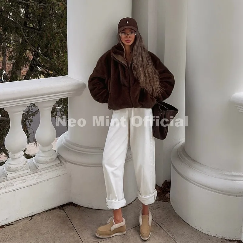 Neo Mint Hot Street Fashion Girls Luxury Fuzzy Mink Fur Bomber Jacket Women Winter Oversized Chunky Faux Fur Coat Warm Outerwear