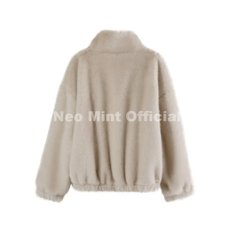 Neo Mint Hot Street Fashion Girls Luxury Fuzzy Mink Fur Bomber Jacket Women Winter Oversized Chunky Faux Fur Coat Warm Outerwear