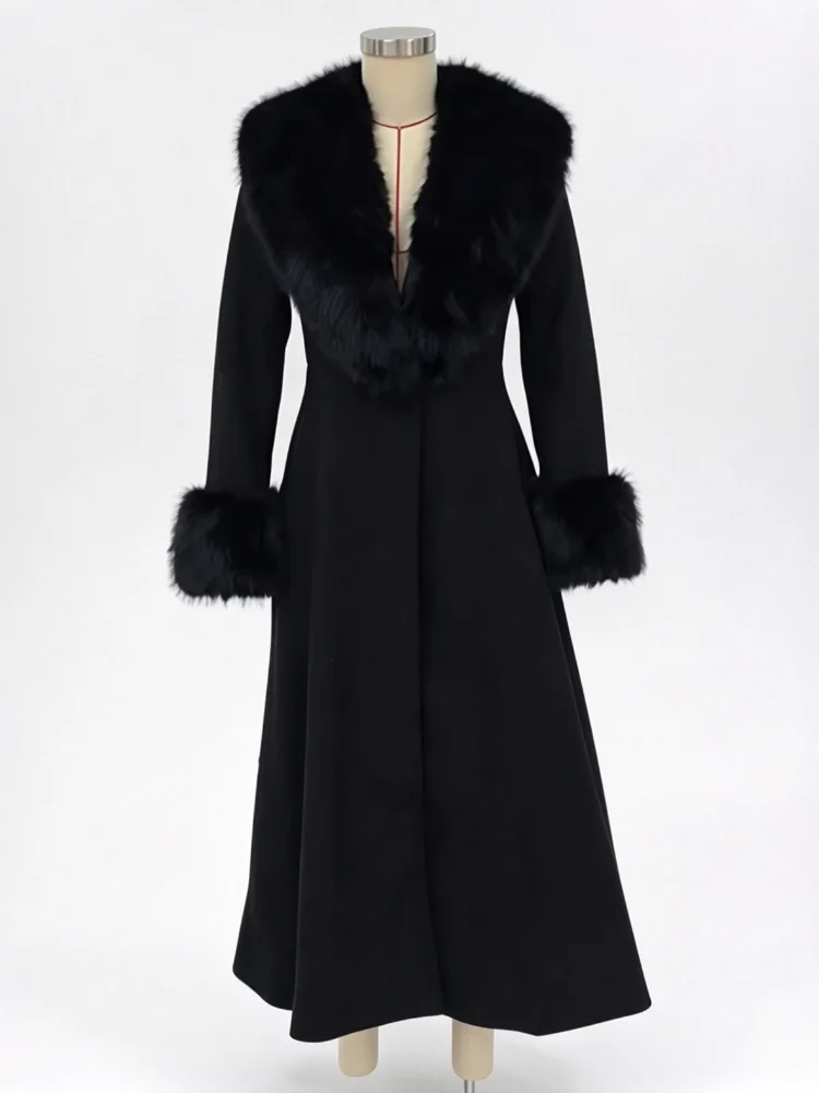 Women Detachable Faux Fur Collar Long Wool Blend Elegant A‑line Maxi Dress Coat Winter Vintage Luxury Slim Fit Wedding Outerwear