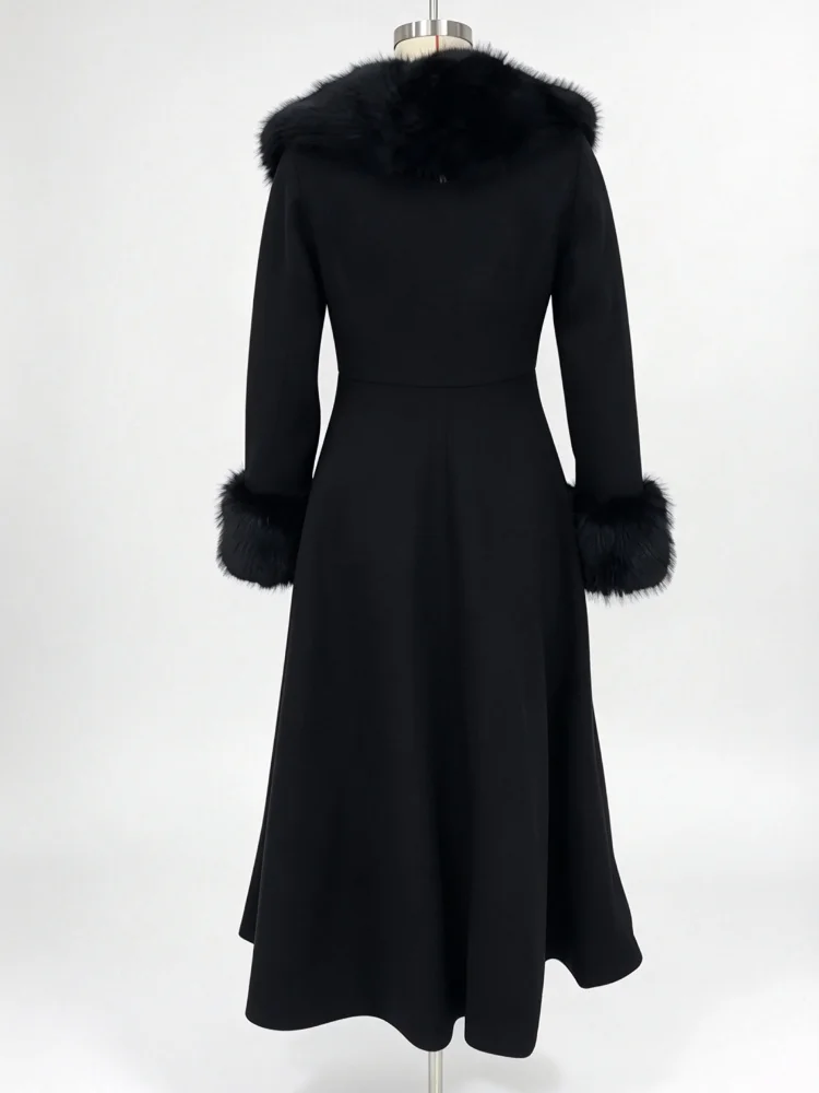 Women Detachable Faux Fur Collar Long Wool Blend Elegant A‑line Maxi Dress Coat Winter Vintage Luxury Slim Fit Wedding Outerwear