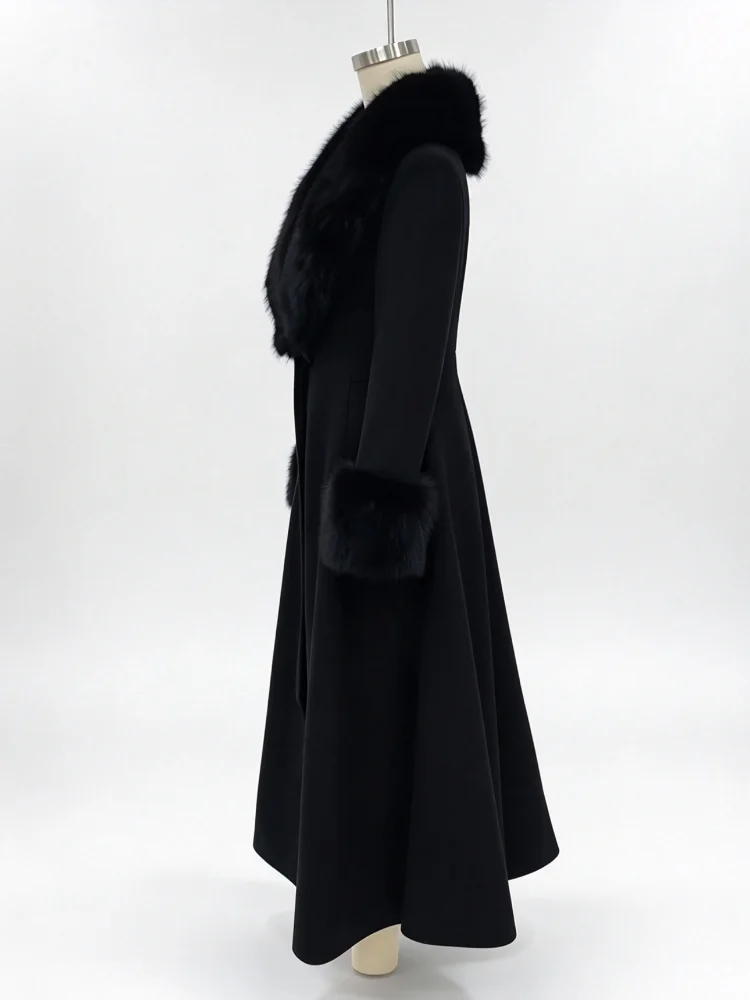 Women Detachable Faux Fur Collar Long Wool Blend Elegant A‑line Maxi Dress Coat Winter Vintage Luxury Slim Fit Wedding Outerwear