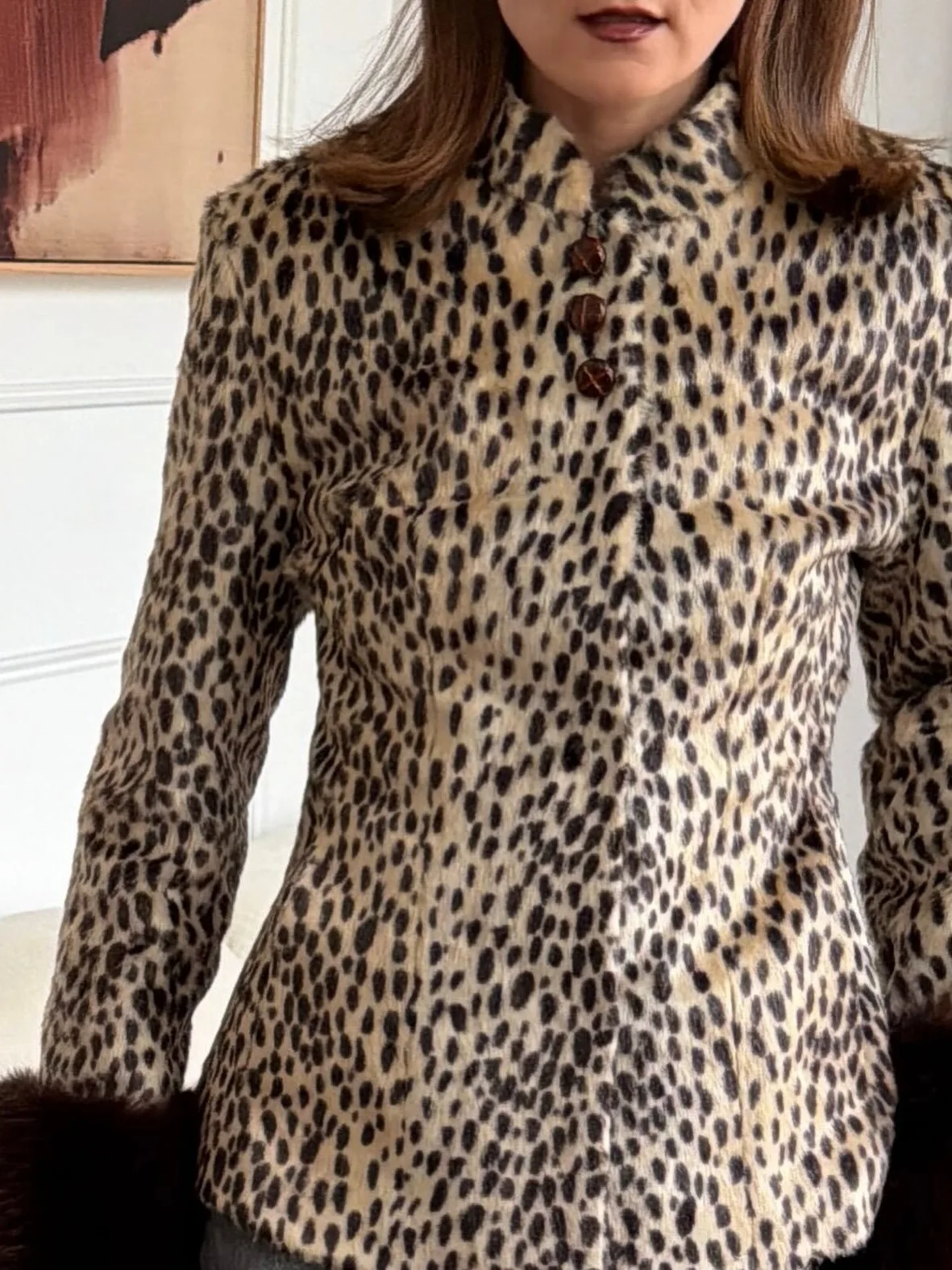 Women Leopard Print Stand Collar Waist Cinched Faux Fur Short Coat Fluffy Cuff Fashion Outerwear Winter Ladies Warm Furry Jacket