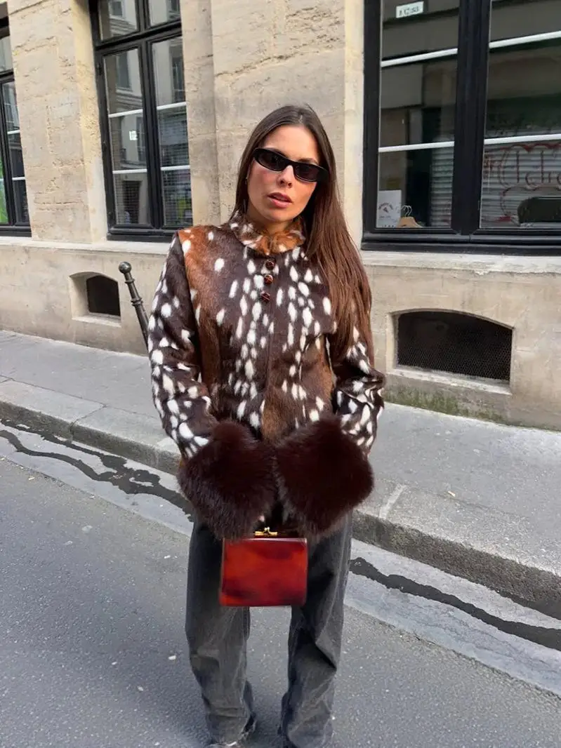 Women Leopard Print Stand Collar Waist Cinched Faux Fur Short Coat Fluffy Cuff Fashion Outerwear Winter Ladies Warm Furry Jacket
