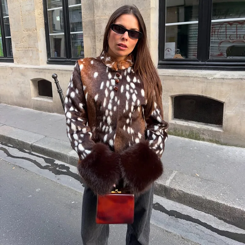 Women Leopard Print Stand Collar Waist Cinched Faux Fur Short Coat Fluffy Cuff Fashion Outerwear Winter Ladies Warm Furry Jacket