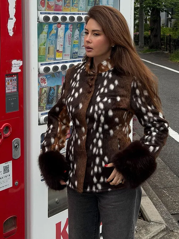 Women Leopard Print Stand Collar Waist Cinched Faux Fur Short Coat Fluffy Cuff Fashion Outerwear Winter Ladies Warm Furry Jacket