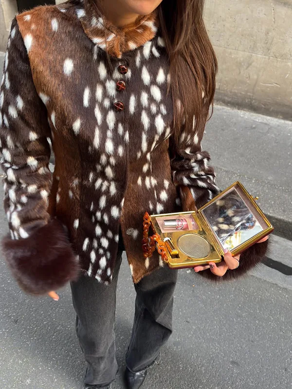 Women Leopard Print Stand Collar Waist Cinched Faux Fur Short Coat Fluffy Cuff Fashion Outerwear Winter Ladies Warm Furry Jacket
