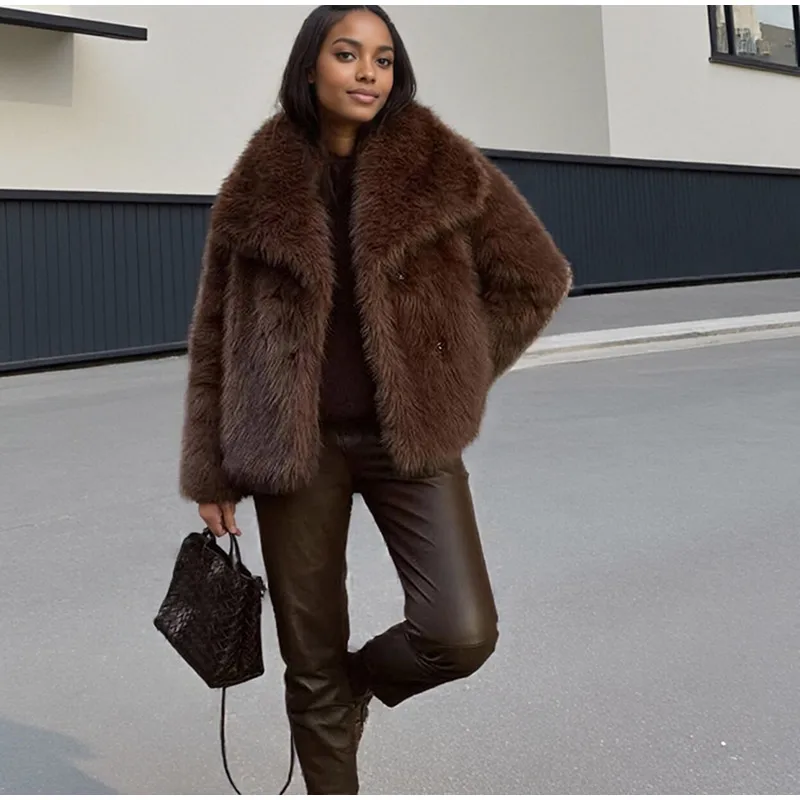 Women Brown Faux Fur Open Front Cardigan Coat Long Sleeve Collarless Loose Plush Outerwear Lady Elegant Winter Warm Furry Jacket