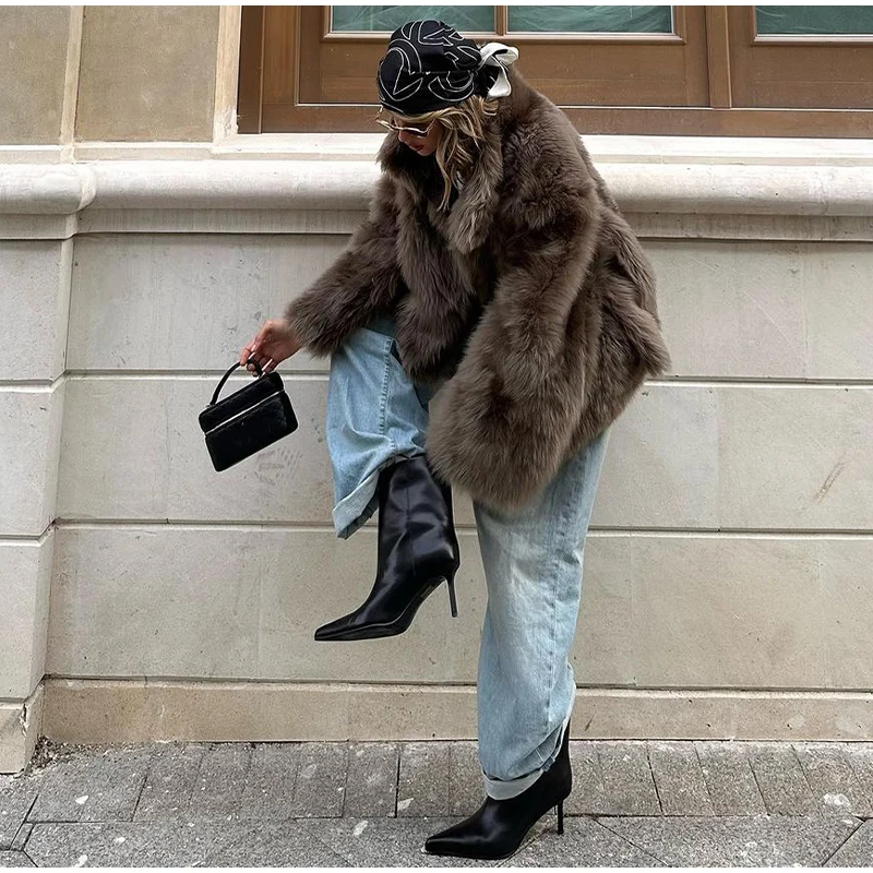 Women Brown Faux Fur Open Front Cardigan Coat Long Sleeve Collarless Loose Plush Outerwear Lady Elegant Winter Warm Furry Jacket