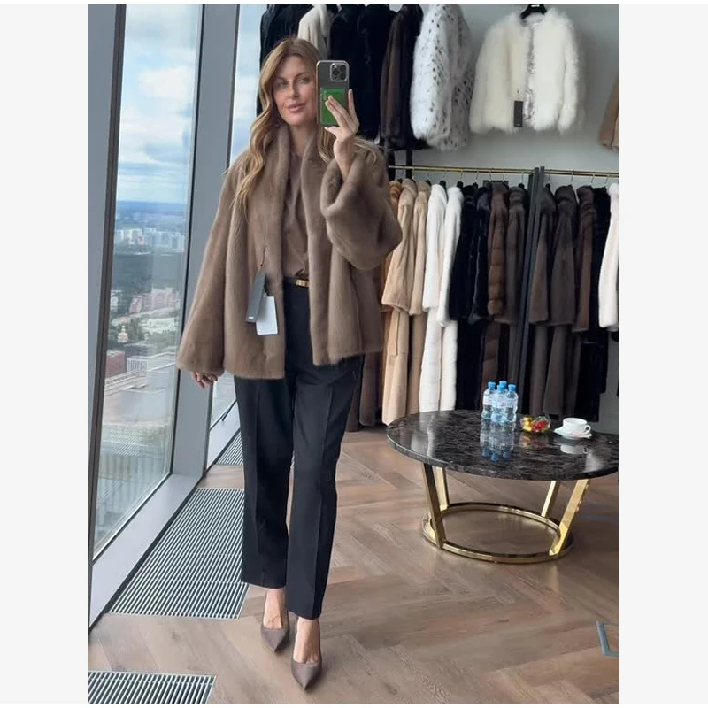 Women Brown Faux Fur Open Front Cardigan Coat Long Sleeve Collarless Loose Plush Outerwear Lady Elegant Winter Warm Furry Jacket