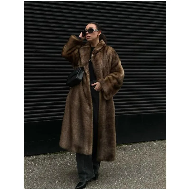 Women Brown Faux Fur Open Front Cardigan Coat Long Sleeve Collarless Loose Plush Outerwear Lady Elegant Winter Warm Furry Jacket