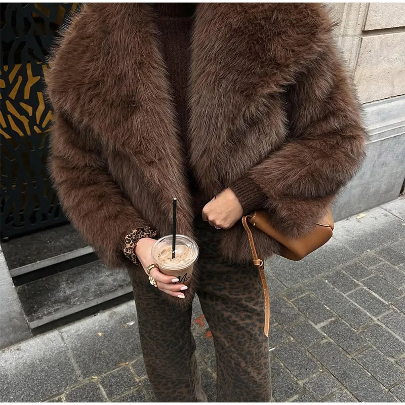 Women Brown Faux Fur Open Front Cardigan Coat Long Sleeve Collarless Loose Plush Outerwear Lady Elegant Winter Warm Furry Jacket