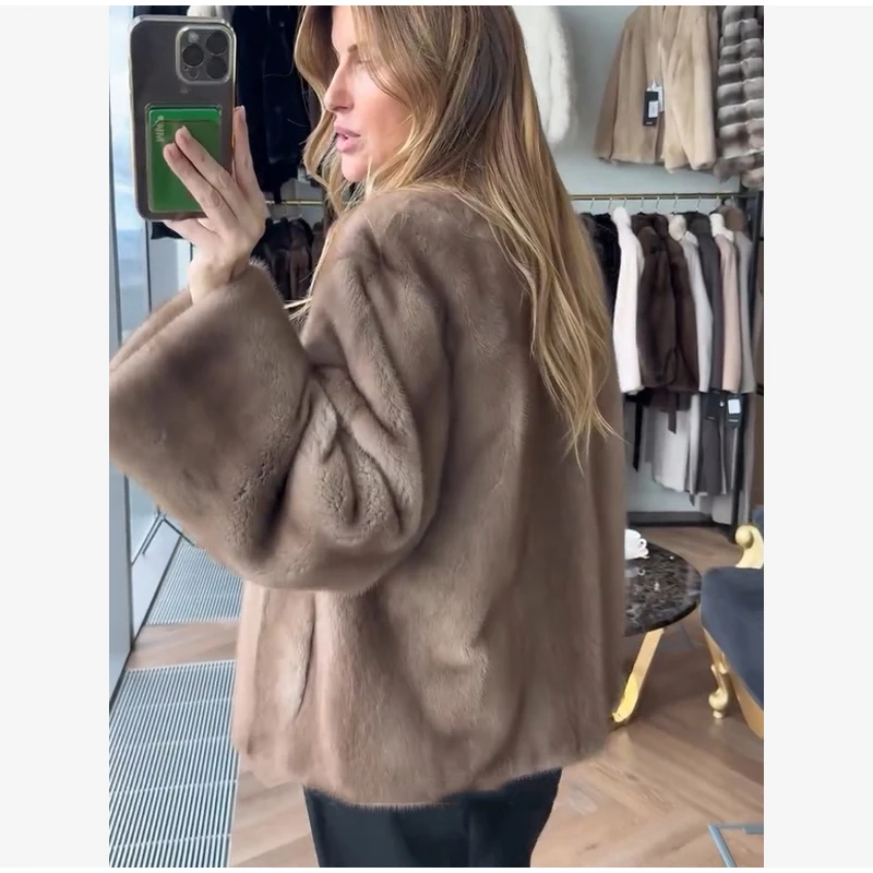 Women Brown Faux Fur Open Front Cardigan Coat Long Sleeve Collarless Loose Plush Outerwear Lady Elegant Winter Warm Furry Jacket