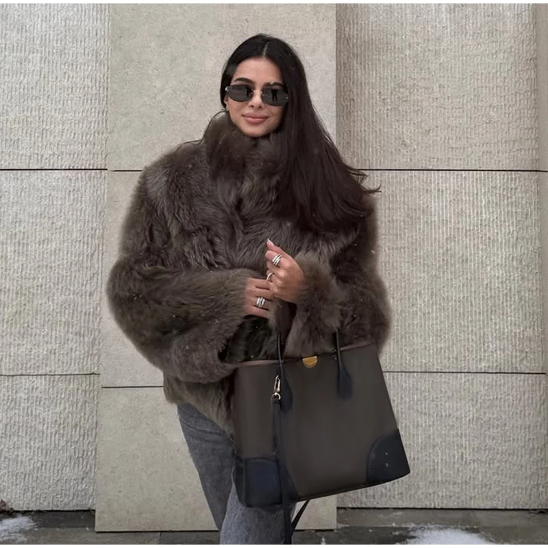 Women Brown Faux Fur Open Front Cardigan Coat Long Sleeve Collarless Loose Plush Outerwear Lady Elegant Winter Warm Furry Jacket