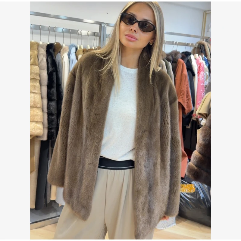 Women Brown Faux Fur Open Front Cardigan Coat Long Sleeve Collarless Loose Plush Outerwear Lady Elegant Winter Warm Furry Jacket
