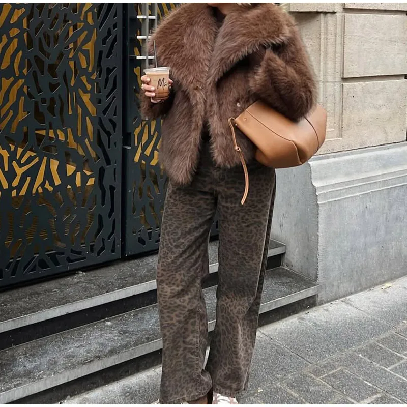Women Brown Faux Fur Open Front Cardigan Coat Long Sleeve Collarless Loose Plush Outerwear Lady Elegant Winter Warm Furry Jacket