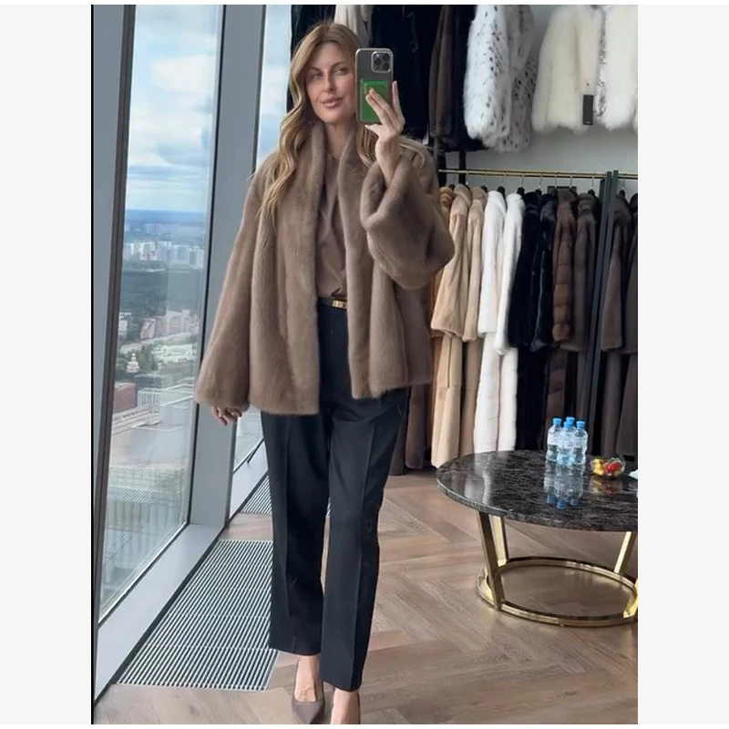 Women Brown Faux Fur Open Front Cardigan Coat Long Sleeve Collarless Loose Plush Outerwear Lady Elegant Winter Warm Furry Jacket