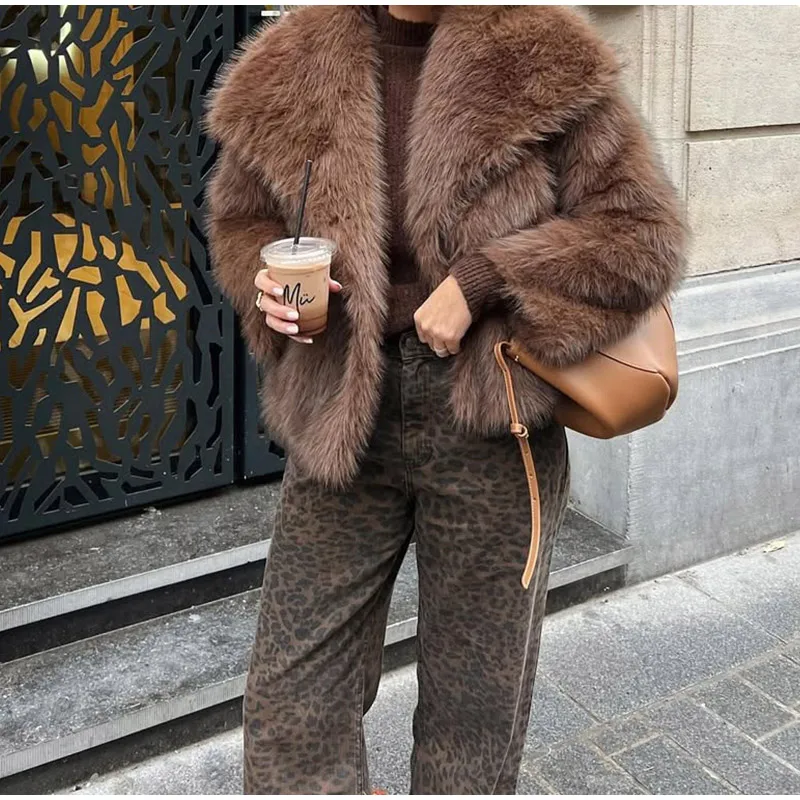 Women Brown Faux Fur Open Front Cardigan Coat Long Sleeve Collarless Loose Plush Outerwear Lady Elegant Winter Warm Furry Jacket