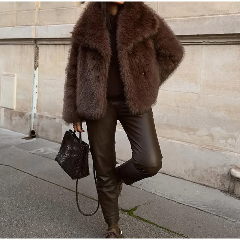 Women Brown Faux Fur Open Front Cardigan Coat Long Sleeve Collarless Loose Plush Outerwear Lady Elegant Winter Warm Furry Jacket