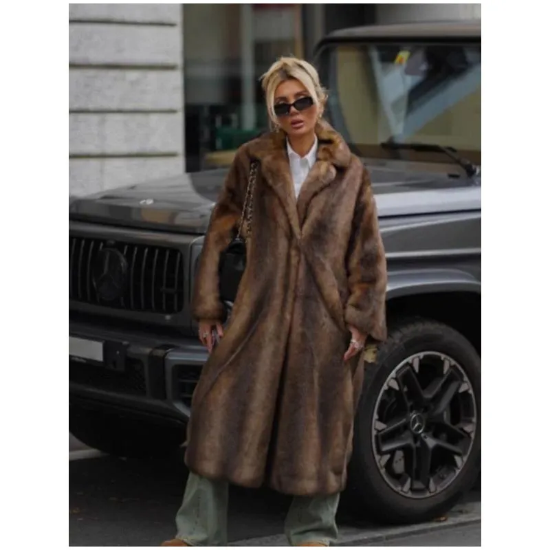 Women Brown Faux Fur Open Front Cardigan Coat Long Sleeve Collarless Loose Plush Outerwear Lady Elegant Winter Warm Furry Jacket