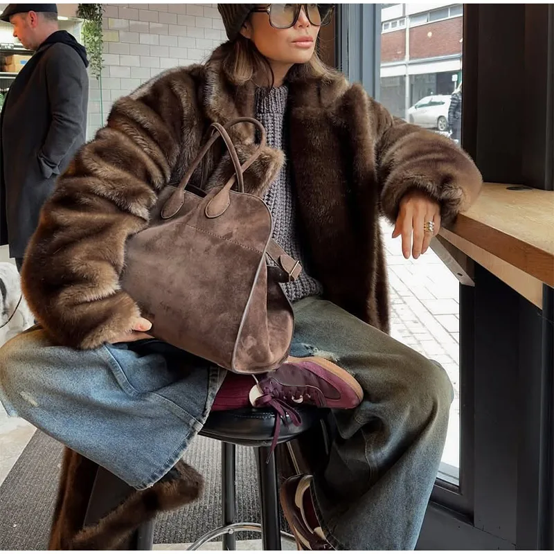 Women Brown Faux Fur Open Front Cardigan Coat Long Sleeve Collarless Loose Plush Outerwear Lady Elegant Winter Warm Furry Jacket