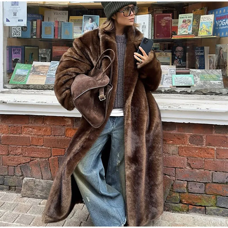 Women Brown Faux Fur Open Front Cardigan Coat Long Sleeve Collarless Loose Plush Outerwear Lady Elegant Winter Warm Furry Jacket