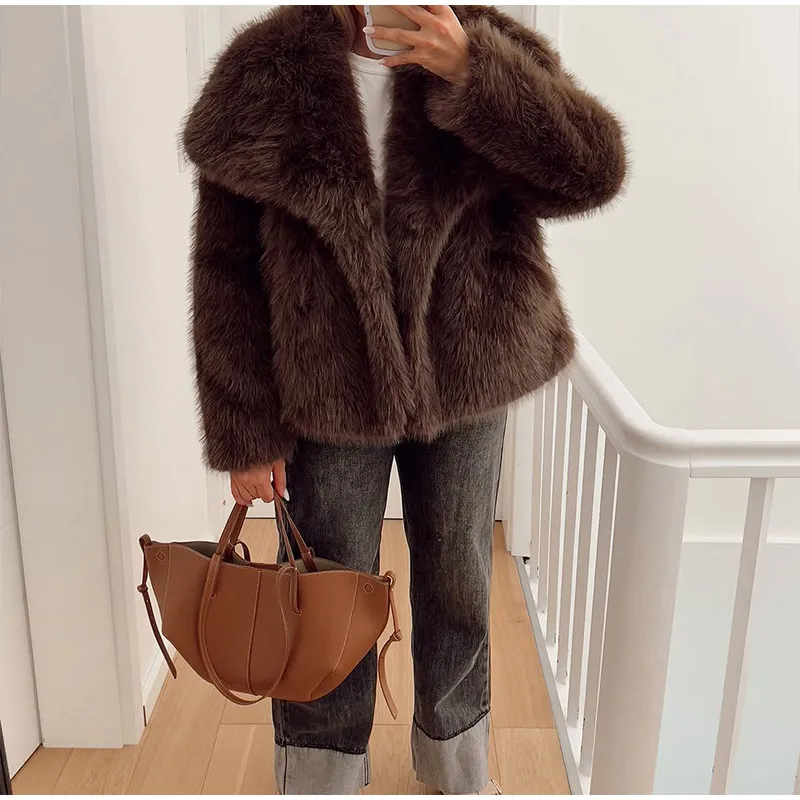 Women Brown Faux Fur Open Front Cardigan Coat Long Sleeve Collarless Loose Plush Outerwear Lady Elegant Winter Warm Furry Jacket