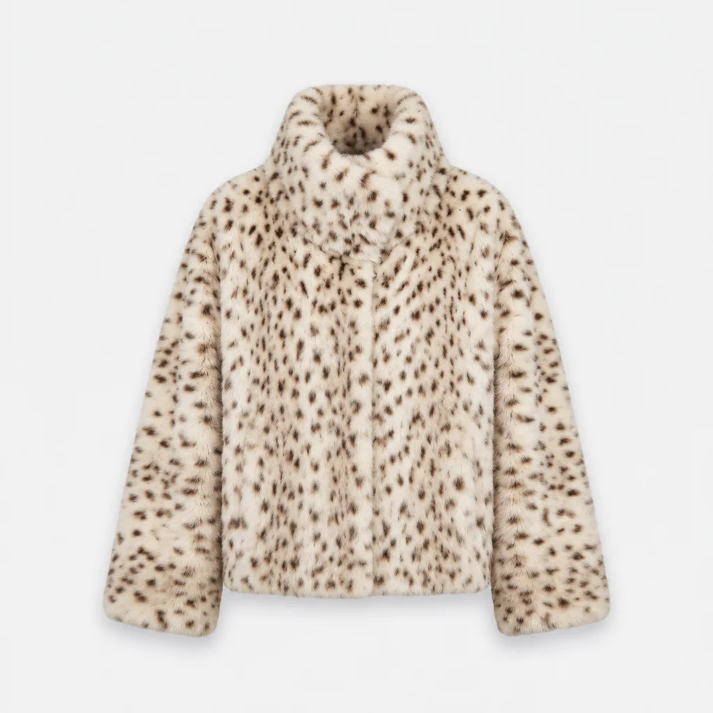 IG Women Leopard Spotted Faux Fur Large Foldover Stand Collar Cropped Jacket, Long Sleeve Winter Warm Vintage Street Commuter Ou