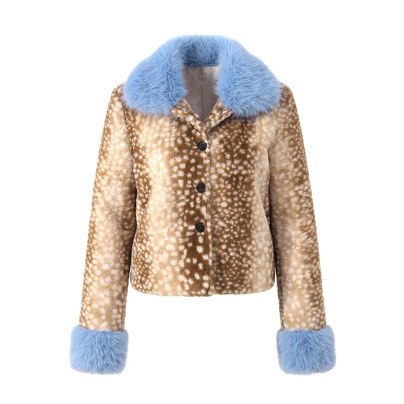 Deer Print Faux Fur Cropped Jacket Women Blue Contrast Lapel Cuff Button Up Fluffy Warm Coat Winter Casual Street Outwear 2026