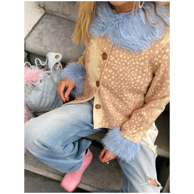 Deer Print Faux Fur Cropped Jacket Women Blue Contrast Lapel Cuff Button Up Fluffy Warm Coat Winter Casual Street Outwear 2026