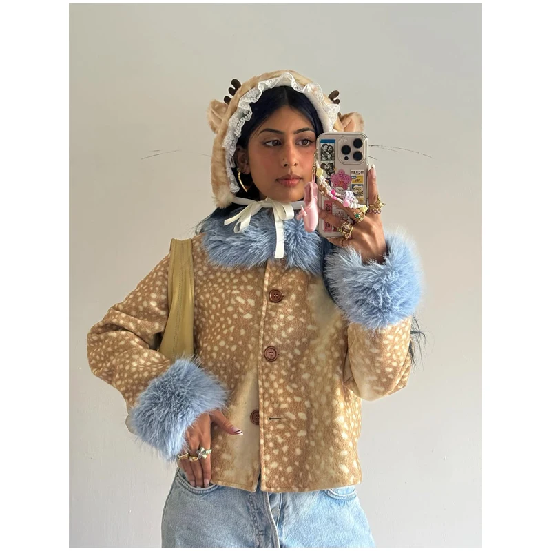 Deer Print Faux Fur Cropped Jacket Women Blue Contrast Lapel Cuff Button Up Fluffy Warm Coat Winter Casual Street Outwear 2026