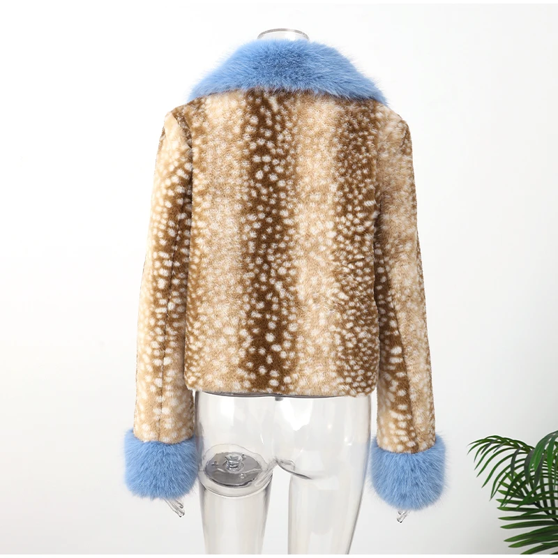 Deer Print Faux Fur Cropped Jacket Women Blue Contrast Lapel Cuff Button Up Fluffy Warm Coat Winter Casual Street Outwear 2026