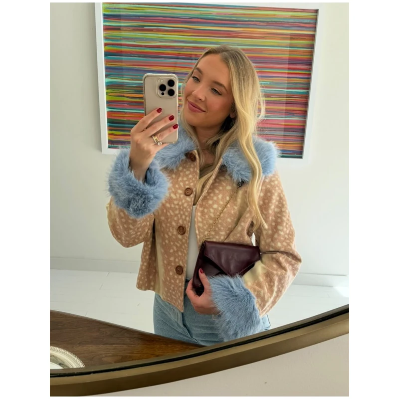 Deer Print Faux Fur Cropped Jacket Women Blue Contrast Lapel Cuff Button Up Fluffy Warm Coat Winter Casual Street Outwear 2026