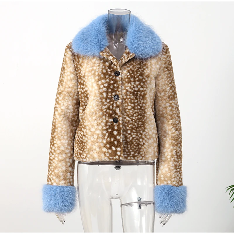 Deer Print Faux Fur Cropped Jacket Women Blue Contrast Lapel Cuff Button Up Fluffy Warm Coat Winter Casual Street Outwear 2026