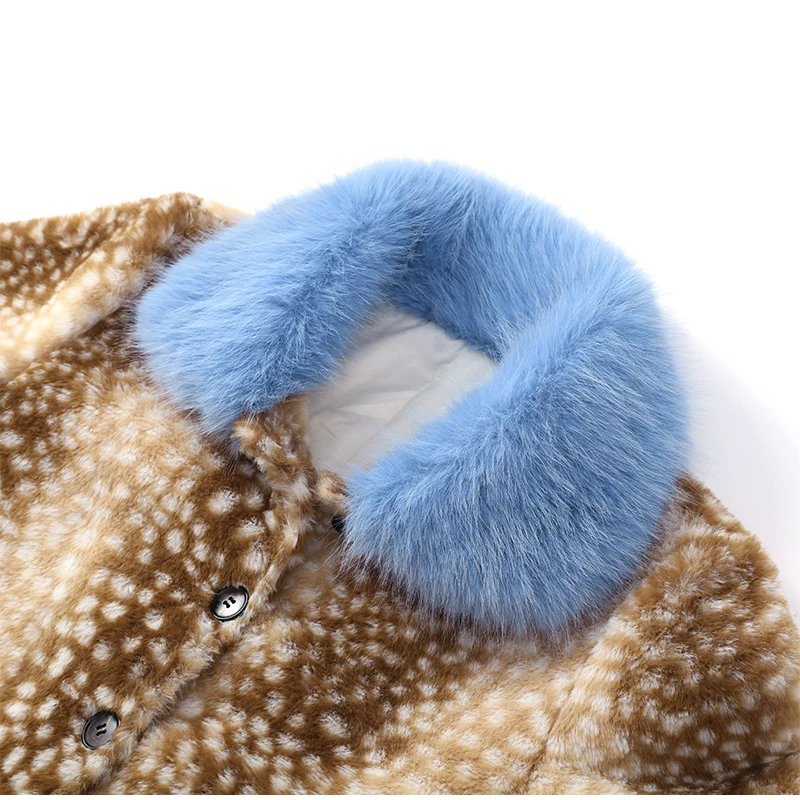 Deer Print Faux Fur Cropped Jacket Women Blue Contrast Lapel Cuff Button Up Fluffy Warm Coat Winter Casual Street Outwear 2026
