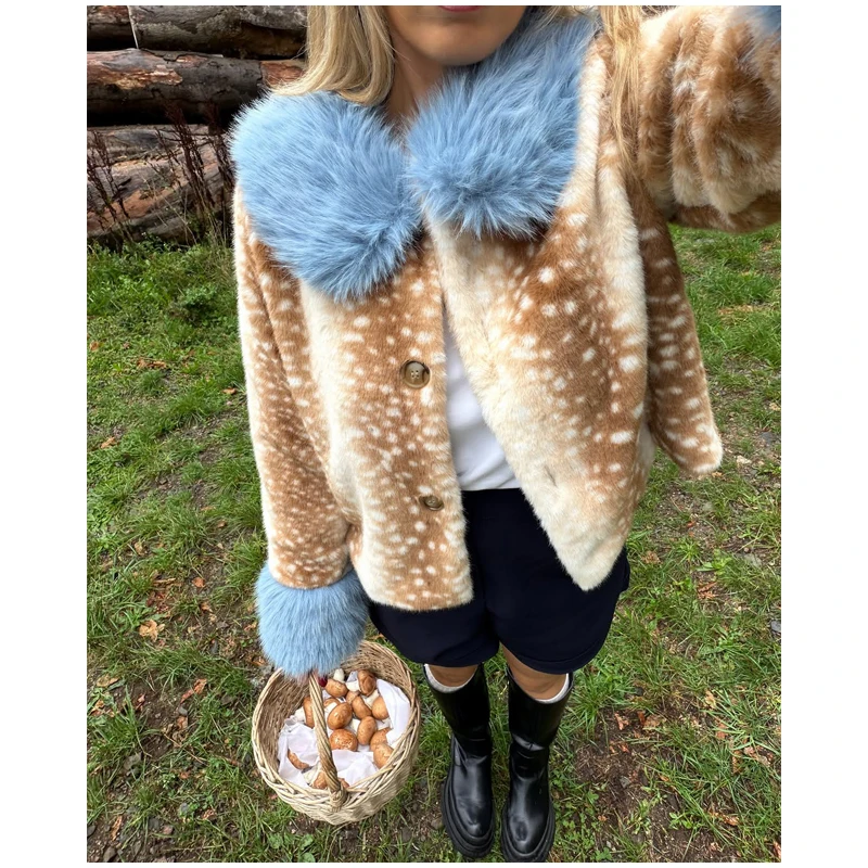 Deer Print Faux Fur Cropped Jacket Women Blue Contrast Lapel Cuff Button Up Fluffy Warm Coat Winter Casual Street Outwear 2026