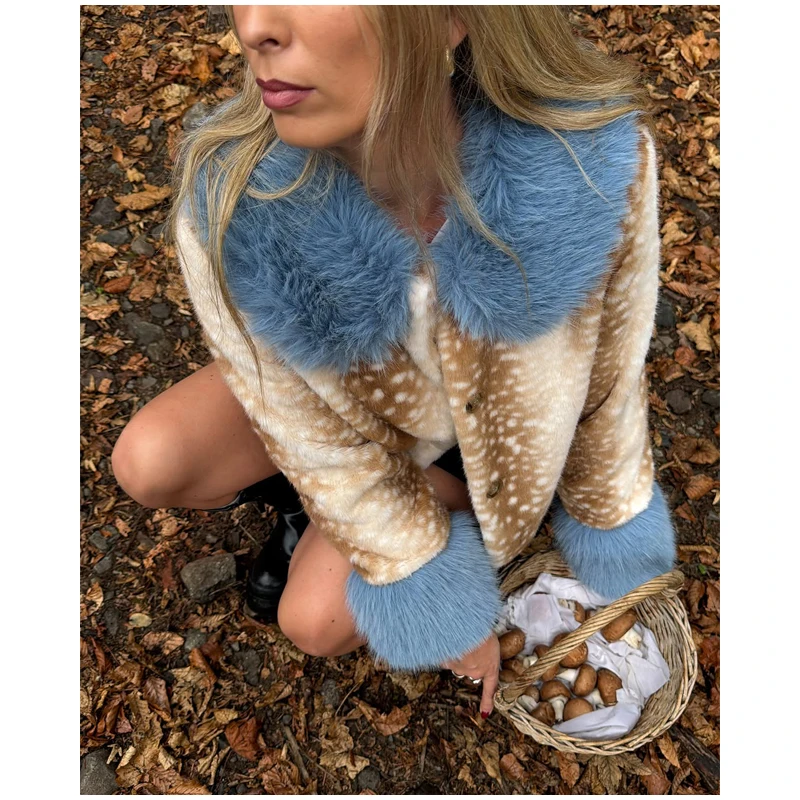 Deer Print Faux Fur Cropped Jacket Women Blue Contrast Lapel Cuff Button Up Fluffy Warm Coat Winter Casual Street Outwear 2026