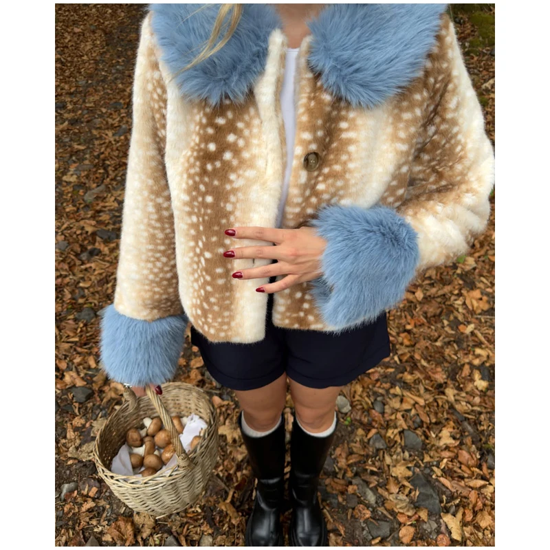 Deer Print Faux Fur Cropped Jacket Women Blue Contrast Lapel Cuff Button Up Fluffy Warm Coat Winter Casual Street Outwear 2026