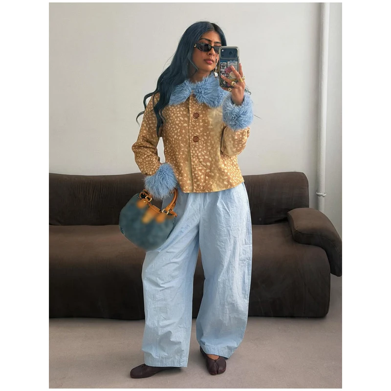 Deer Print Faux Fur Cropped Jacket Women Blue Contrast Lapel Cuff Button Up Fluffy Warm Coat Winter Casual Street Outwear 2026