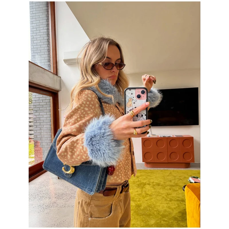 Deer Print Faux Fur Cropped Jacket Women Blue Contrast Lapel Cuff Button Up Fluffy Warm Coat Winter Casual Street Outwear 2026