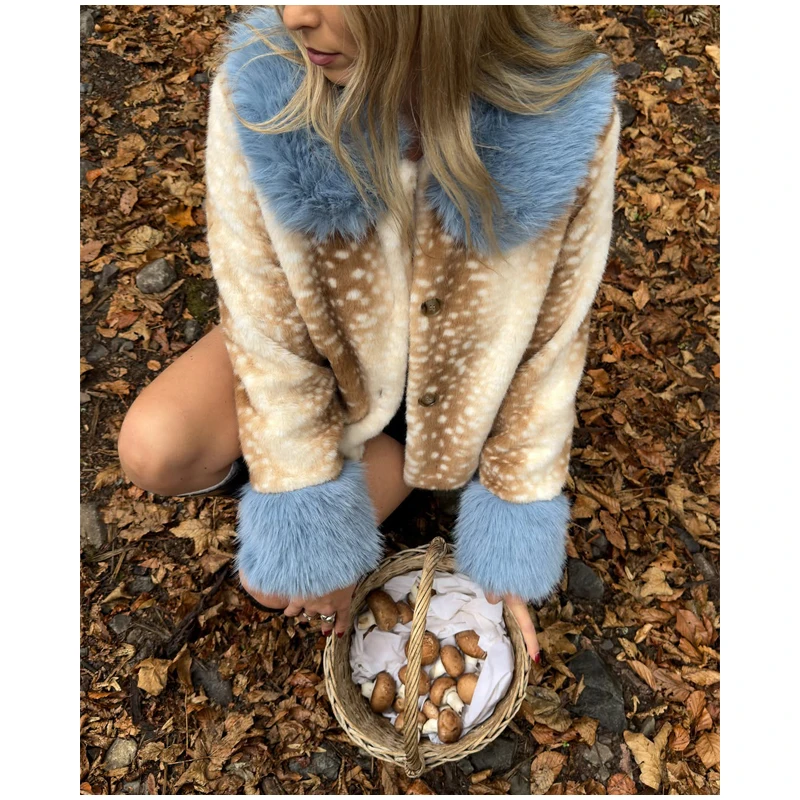 Deer Print Faux Fur Cropped Jacket Women Blue Contrast Lapel Cuff Button Up Fluffy Warm Coat Winter Casual Street Outwear 2026
